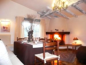 a living room with a table and a fireplace at Villa la Myreclose in Saint-Auban