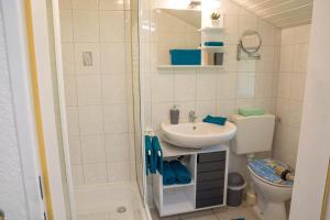 a bathroom with a shower and a sink and a toilet at Ferienwohnung Kleiner Spatz in Leutkirch im Allgäu +16 photos