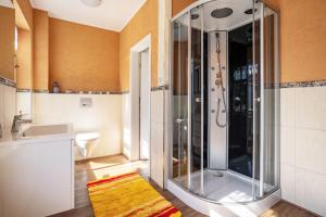 a bathroom with a shower and a sink at Ferienzimmer auf Der Insel Rügen in Sagard +12 photos