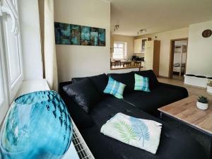 a living room with a black couch with blue pillows at Ferienwohnung Am Kamp in Schmallenberg