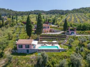 an aerial view of the house and its vineyards at Casetta Maya in Riparbella