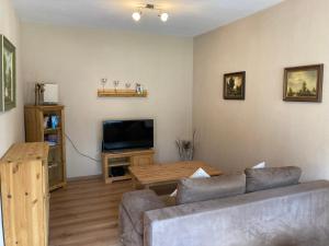 a living room with a couch and a television at Ferienhaus Weitblick in Zossen