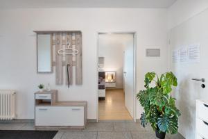 a living room with a potted plant and a hallway at Agricola in Bad Säckingen