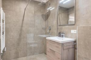 a bathroom with a shower and a sink and a mirror at Aster Moments Apt Max in San Genesio Atesino +17 photos