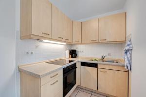 a small kitchen with wooden cabinets and a sink at Petrushof Ferienwohnung Taubensee in Oberwössen