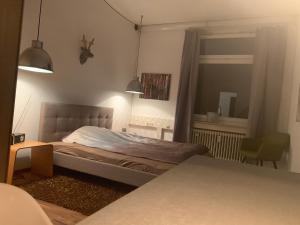 a bedroom with a bed and a mirror at Bodenseeloft H E 66 in Kressbronn am Bodensee