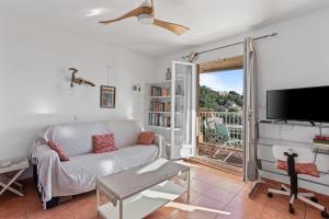 a living room with a couch and a tv at Chez Skadi in Roquebrune-sur-Argens