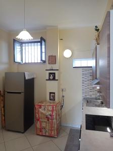 a kitchen with a refrigerator and a trash can at Germogli di Prumo in Castelnuovo Cilento