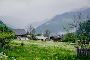 a field with houses and mountains in the background at Maison Conviviale 3 Vallées in Novallay
