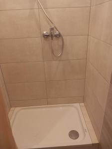 a shower stall with a tub and a drain at Ferienwohnung 1 Bartölke in Bockenem +15 photos