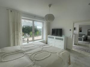 a bedroom with a bed and a large window at Ferienwohnung Sonnenhöhe in Greiz