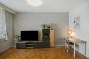 a living room with a television and a table at Ferienwohnung Storchenblick in Grebendorf