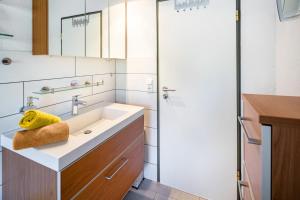 a bathroom with a sink and a shower at Ferienwohnung Efzeglück mit Pool in Homberg +15 photos