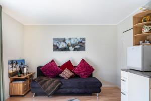 a living room with a couch with red pillows at Ferienwohnung Efzeglück mit Pool in Homberg