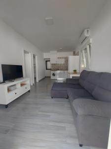 a living room with a blue couch and a television at Casa Alex 1 in Zahora