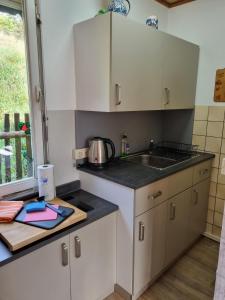 a small kitchen with white cabinets and a sink at Ritschel Alm Limbach in Probstzella
