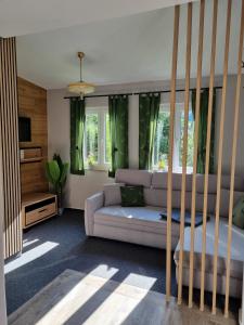 a living room with a couch and some windows at Ritschel Alm Limbach in Probstzella