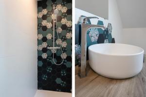 two pictures of a bathroom with a tub and a wall at Gîte Kerli cosy 2kms plage in Trévou-Tréguignec +20 photos