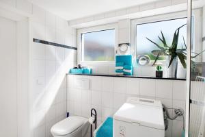 a white bathroom with a toilet and a window at Bluehome Ferienwohnung in Bad Bellingen +13 photos