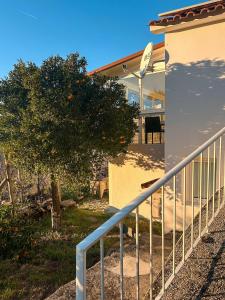 a house with an orange tree next to a fence at Alojamento Local Vale dos Vascos in Alvaro