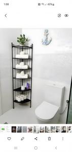a bathroom with a toilet and a shelf with towels at Casa con mucha luz natural in Bisbal del Penedès