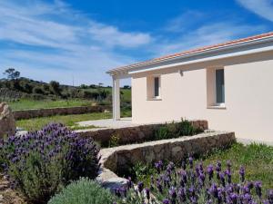 a white house with purple flowers in front of it at Il Sughereto In Vigna in Aglientu