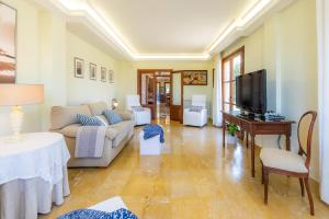 ein Wohnzimmer mit Sofa und Fernseher in der Unterkunft Finca Llum in Islas Baleares