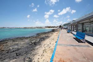 a beach with a blue bench next to the ocean at Falco 3 in Corralejo