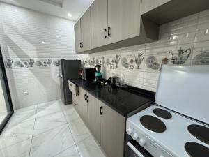 a kitchen with a stove and a counter top at IMMEUBLE COSMOS Kintambo in Kinshasa