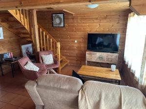a living room with a couch and a tv at Chalet Belfort in Penhas da Saúde