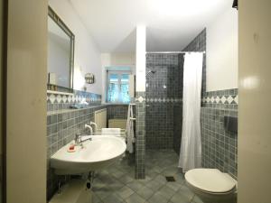 a bathroom with a sink and a toilet and a shower at Teichblick in Trebel +36 photos