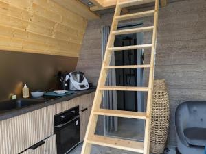 a ladder in the kitchen of a tiny house at Le petit Sabotier in Soucht