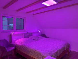 a purple bedroom with a bed and a window at Good Habits in Kleinengstingen