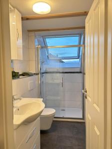 a bathroom with a shower and a toilet and a sink at Good Habits in Kleinengstingen +37 photos