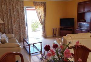 a living room with a couch and a table with flowers at Ocean View 3bedroom Villa with pool in Callao Salvaje