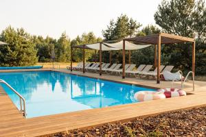 a swimming pool with chairs and a gazebo at УЛІС Кебіни in Dudky