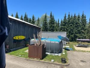 a backyard with a swimming pool and an umbrella at Deluxe Loft Hegau Bodensee in Hilzingen