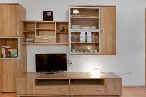 a television on a wooden entertainment center in a room at Rafaser - Apartment Albina in Feldthurns