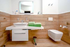 a bathroom with a sink and a toilet and a mirror at Ferienwohnung Storchennest in Neuendorf am See +8 photos