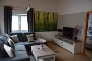 a living room with a blue couch and a tv at Glückshuuske Sauerland in Meschede