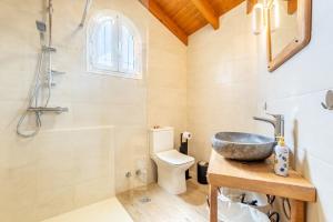 a bathroom with a sink and a shower and a toilet at Villa Konstantina Lulas Penthouse in Petrití