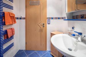a bathroom with a sink and a wooden door at Elkes Ferienappartment in Eschenrod +14 photos