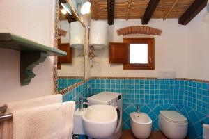 a blue tiled bathroom with a toilet and a sink at Sa Domedda in Orosei