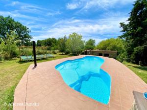 a large blue swimming pool on a brick patio at Volpe in Pitigliano