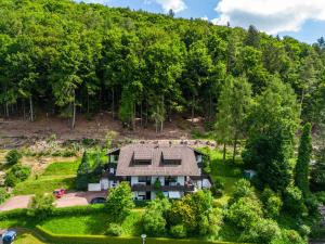 an aerial view of a house on a hill with trees at Schlossblick in Egloffstein