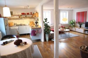 a kitchen and a living room with a table at Luise Im Künstlerhaus in Langmühle