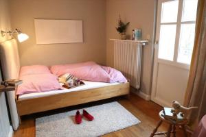 a bedroom with a bed with red shoes on the floor at Luise Im Künstlerhaus in Langmühle