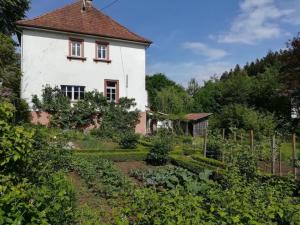 a white house with a garden in front of it at Luise Im Künstlerhaus in Langmühle