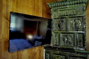 a television on a wall with a wooden wall at Widum Obernberg Nikolaus Bergsuite in Obernberg am Brenner
