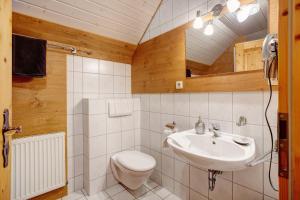 a bathroom with a sink and a toilet and a mirror at Haus Schlageter in Dachsberg im Schwarzwald +65 photos